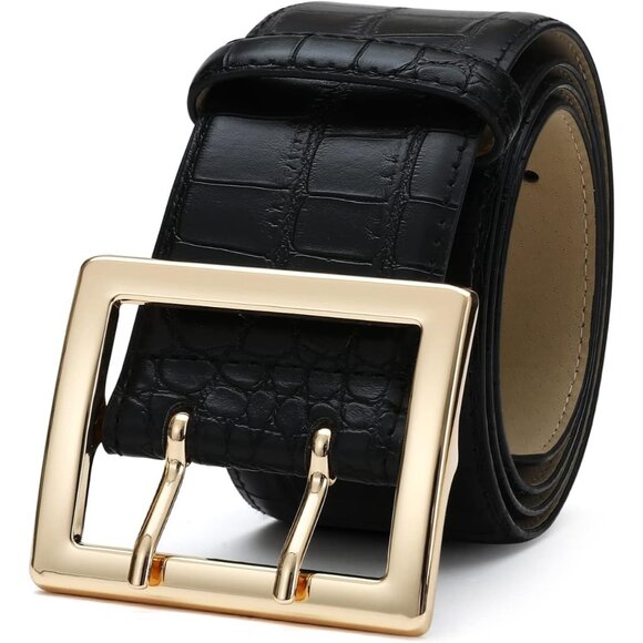 Women Leather Wide Fashion Thick Dress Belt With Gold Buckle Belt Black Gold - Picture 2 of 7
